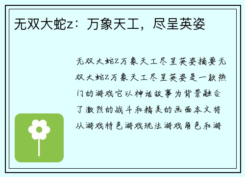 无双大蛇z：万象天工，尽呈英姿